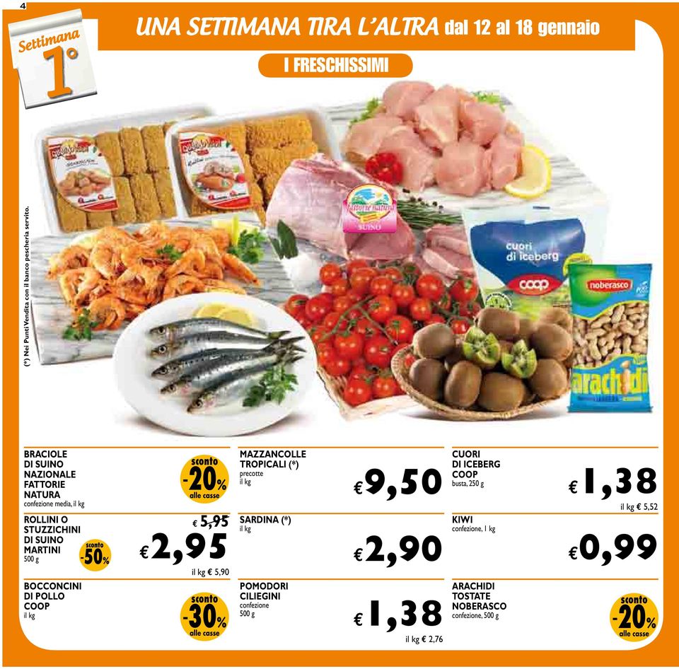 kg 5,90 mazzancolle tropicali (*) precotte il kg sardina (*) il kg cuori di iceberg coop busta, 50 g 9,50,38 kiwi confezione, kg il kg