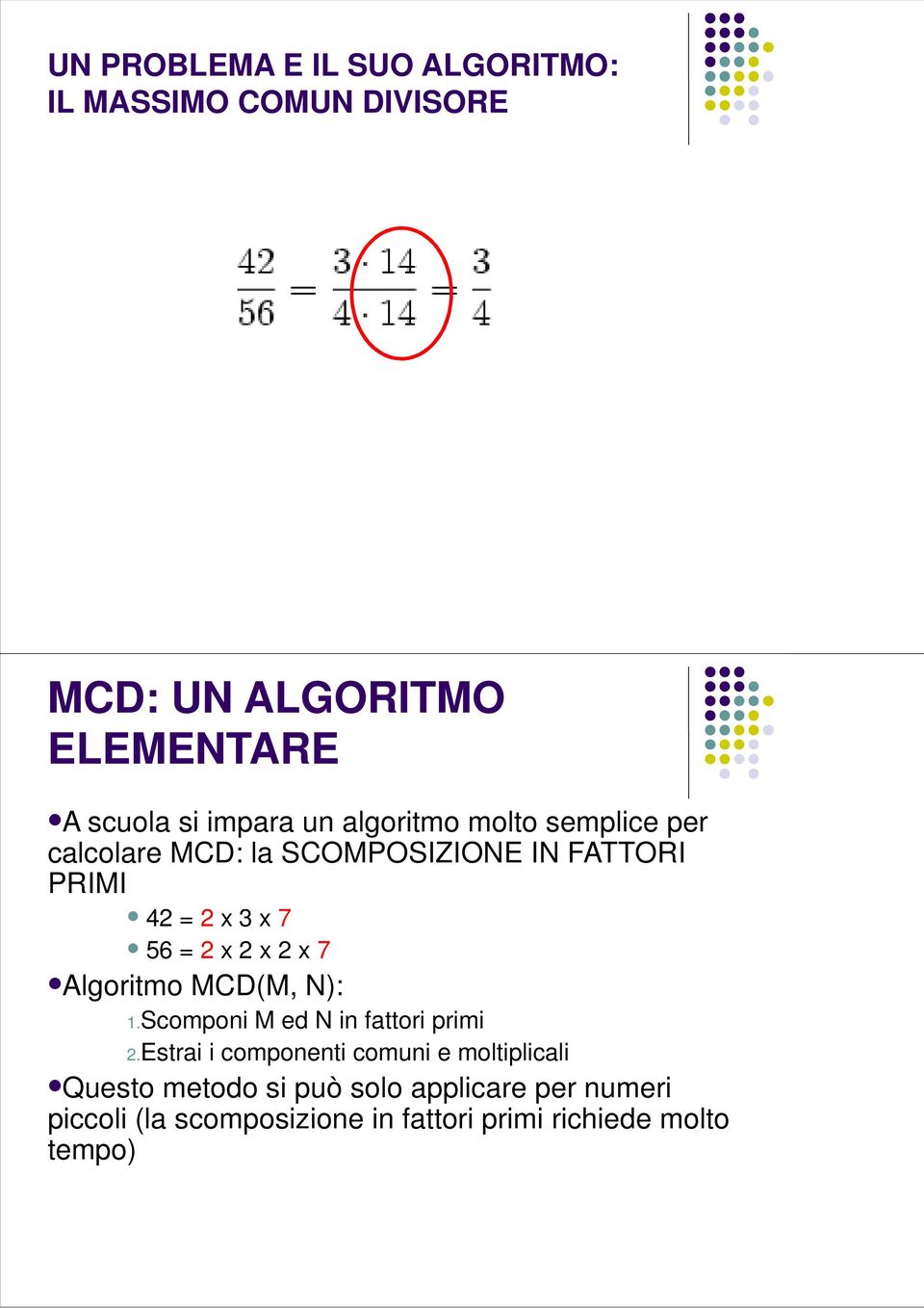 x 2 x 7 Algoritmo MCD(M, N): 1.Scomponi M ed N in fattori primi 2.