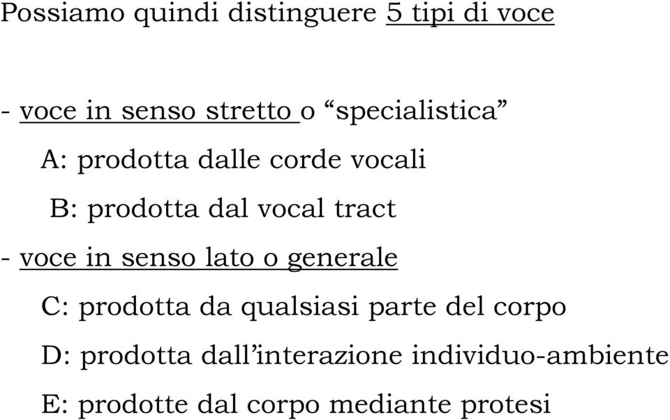 voce in senso lato o generale C: prodotta da qualsiasi parte del corpo D: