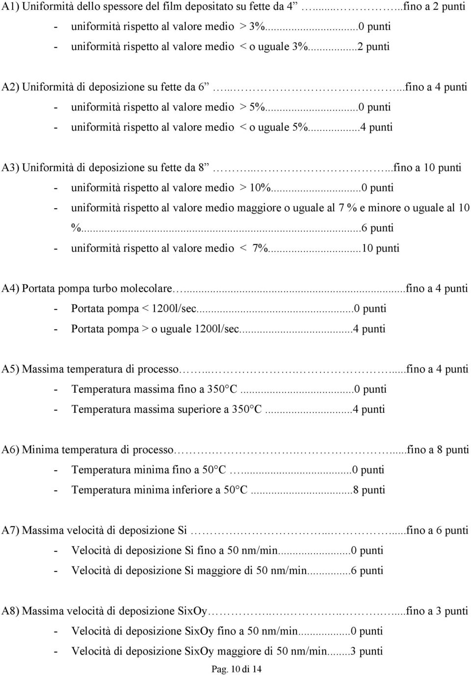 ..4 punti A3) Uniformità di deposizione su fette da 8......fino a 10 punti - uniformità rispetto al valore medio > 10%.