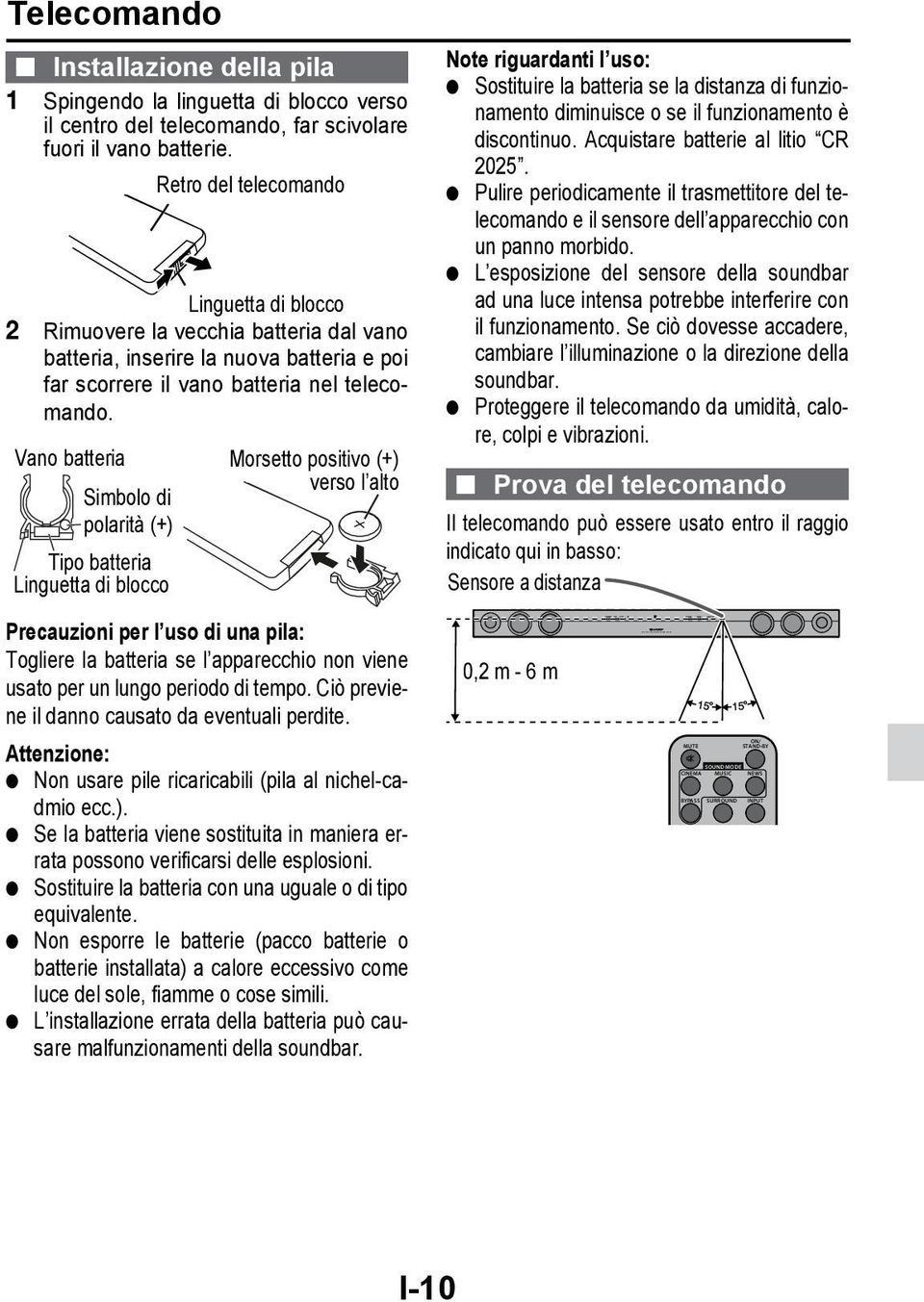 Vano batteria Simbolo di polarità (+) Tipo batteria Linguetta di blocco Morsetto positivo (+) verso l alto Note riguardanti l uso: Sostituire la batteria se la distanza di funzionamento diminuisce o