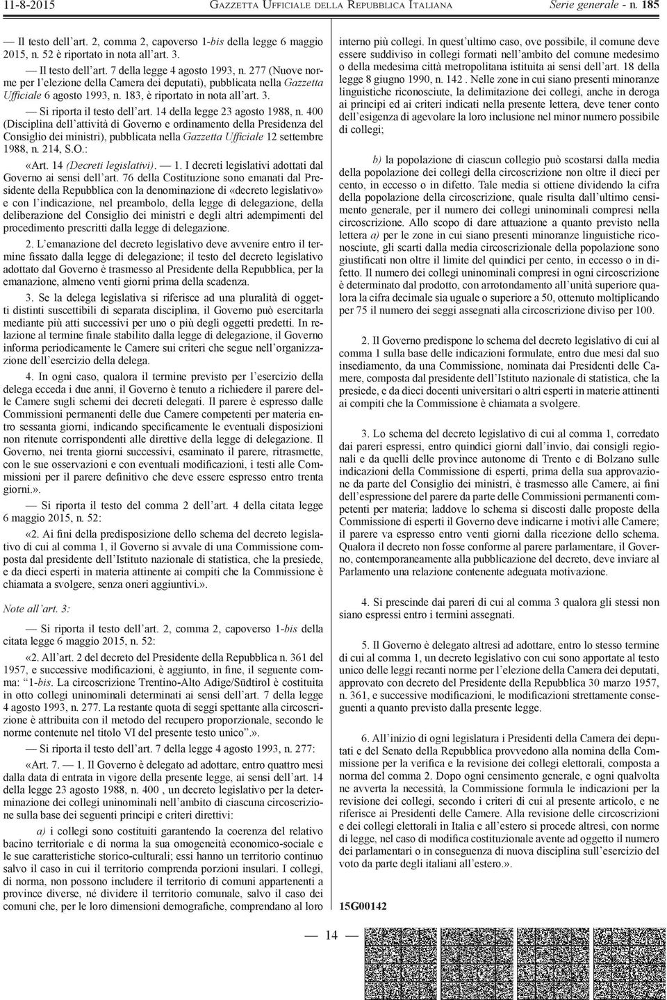 14 della legge 23 agosto 1988, n. 400 (Disciplina dell attività di Governo e ordinamento della Presidenza del Consiglio dei ministri), pubblicata nella Gazzetta Uffi ciale 12 settembre 1988, n.