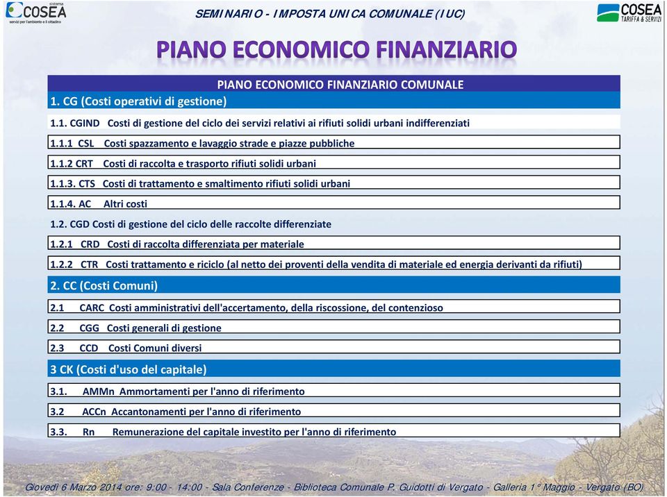 2.1 CRD Costi di raccolta differenziata per materiale 1.2.2 CTR Costi trattamento e riciclo (al netto dei proventi della vendita di materiale ed energia derivanti da rifiuti) 2. CC (Costi Comuni) 2.