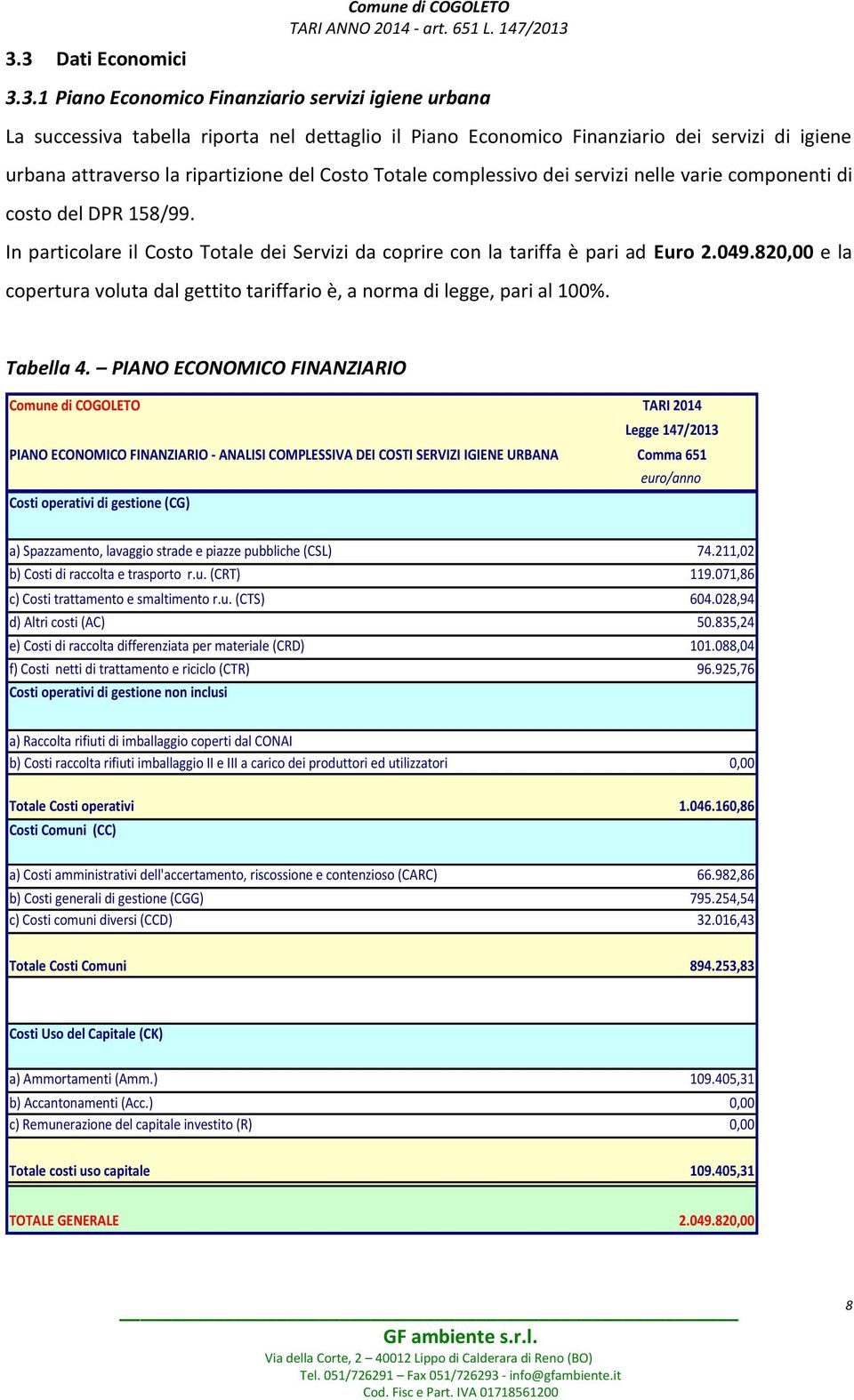 In particolare il Costo Totale dei Servizi da coprire con la tariffa è pari ad Euro 2.049.820,00 e la copertura voluta dal gettito tariffario è, a norma di legge, pari al 100%. Tabella 4.