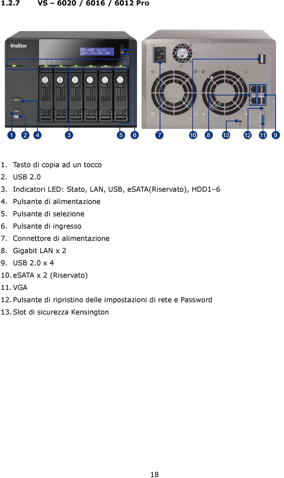 Pulsante di selezione 6. Pulsante di ingresso 7. Connettore di alimentazione 8. Gigabit LAN x 2 9.