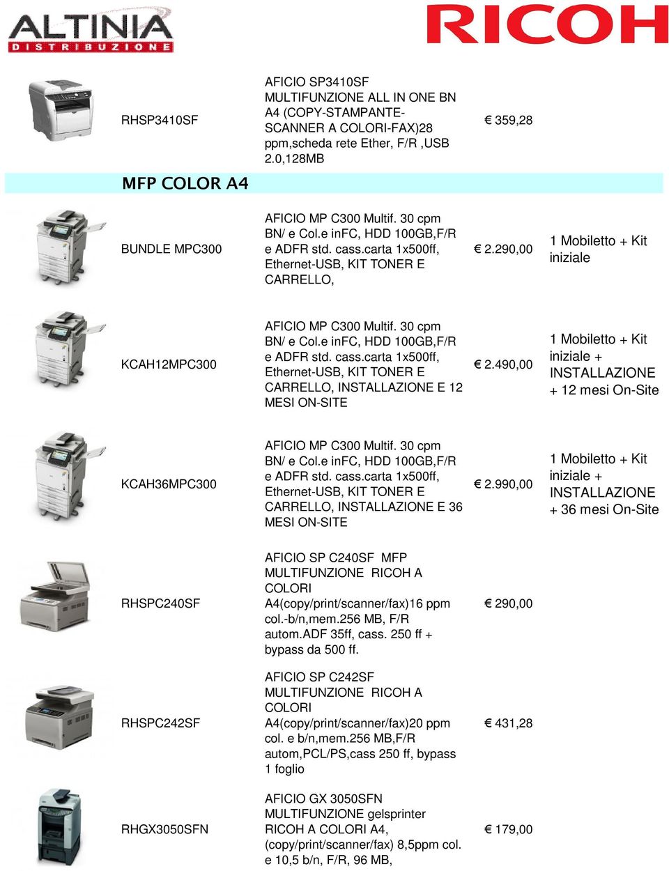 e infc, HDD 100GB,F/R e ADFR std. cass.carta 1x500ff, Ethernet-USB, KIT TONER E CARRELLO, E 12 MESI ON-SITE 2.490,00 + 12 mesi On-Site KCAH36MPC300 AFICIO MP C300 Multif. 30 cpm BN/ e Col.