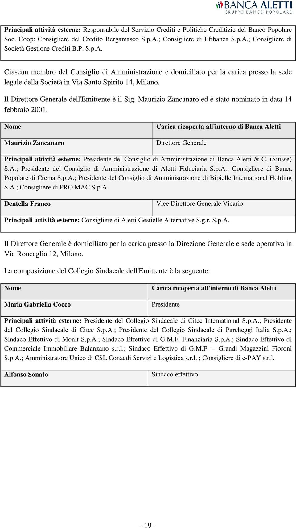 Il Direttore Generale dell'emittente è il Sig. Maurizio Zancanaro ed è stato nominato in data 14 febbraio 2001.