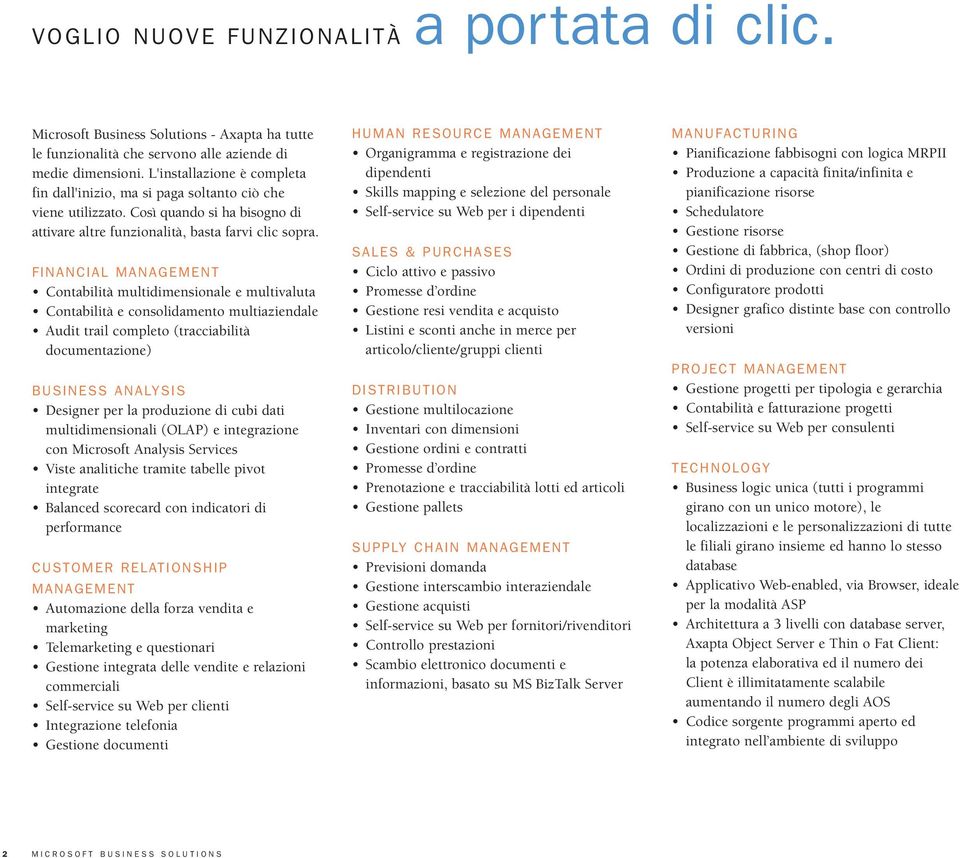 FINANCIAL MANAGEMENT Contabilità multidimensionale e multivaluta Contabilità e consolidamento multiaziendale Audit trail completo (tracciabilità documentazione) BUSINESS ANALYSIS Designer per la