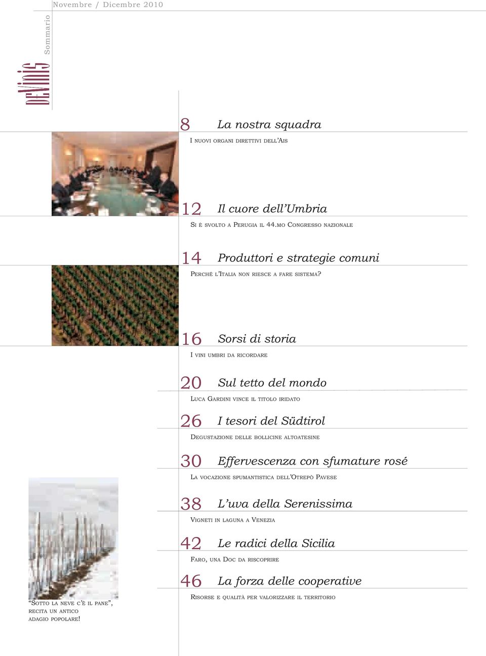 16 Sorsi di storia I VINI UMBRI DA RICORDARE 20 Sul tetto del mondo LUCA GARDINI VINCE IL TITOLO IRIDATO 26 I tesori del Südtirol DEGUSTAZIONE DELLE BOLLICINE ALTOATESINE 30