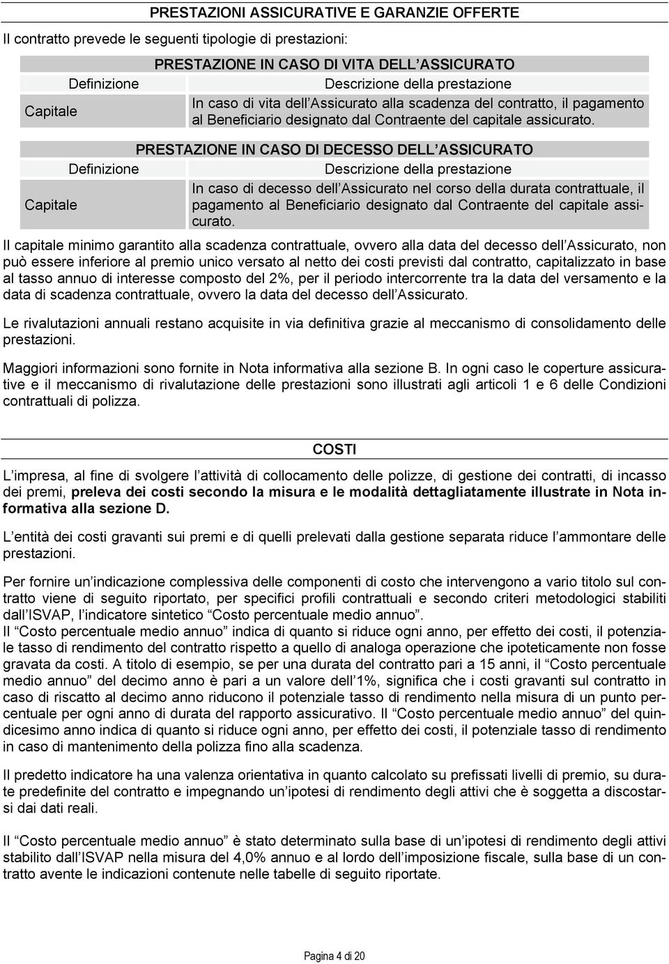 PRESTAZIONE IN CASO DI DECESSO DELL ASSICURATO Definizione Descrizione della prestazione In caso di decesso dell Assicurato nel corso della durata contrattuale, il Capitale pagamento al Beneficiario