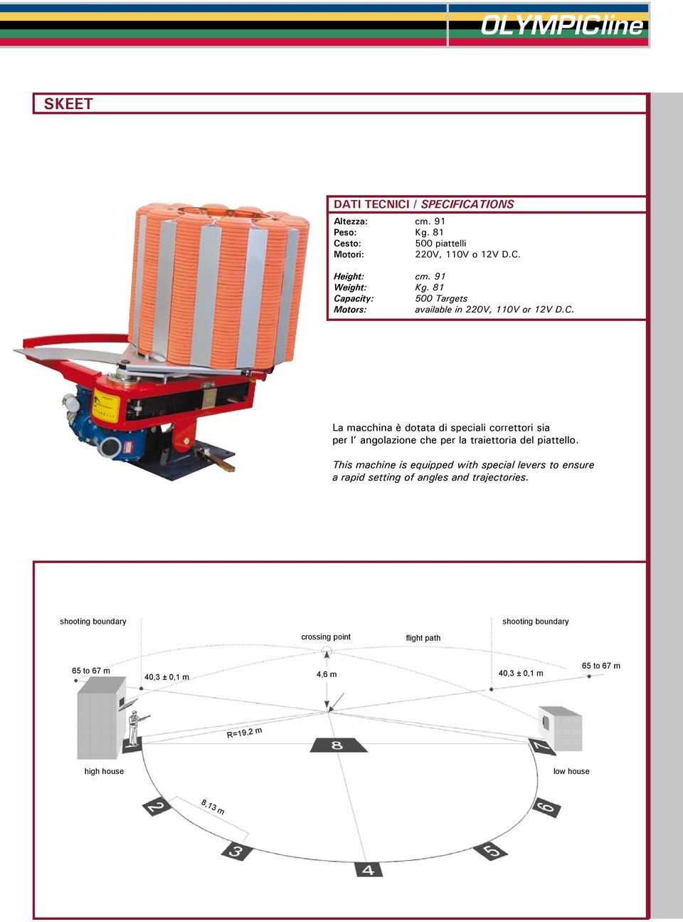 This machine is equipped with special levers to ensure a rapid setting of angles and trajectories.