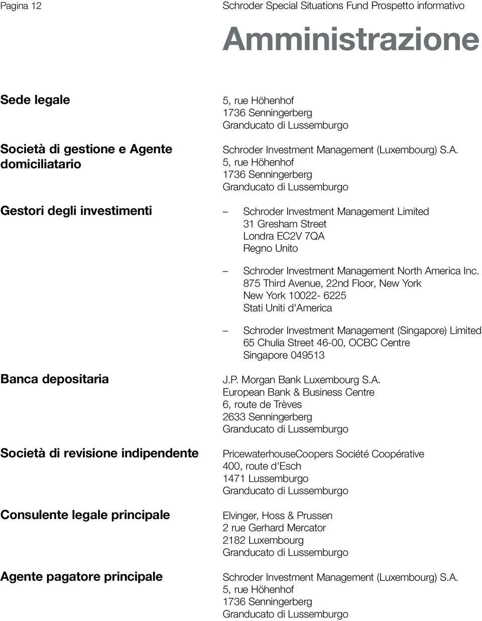 5, rue Höhenhof 1736 Senningerberg Granducato di Lussemburgo Gestori degli investimenti Schroder Investment Management Limited 31 Gresham Street Londra EC2V 7QA Regno Unito Schroder Investment