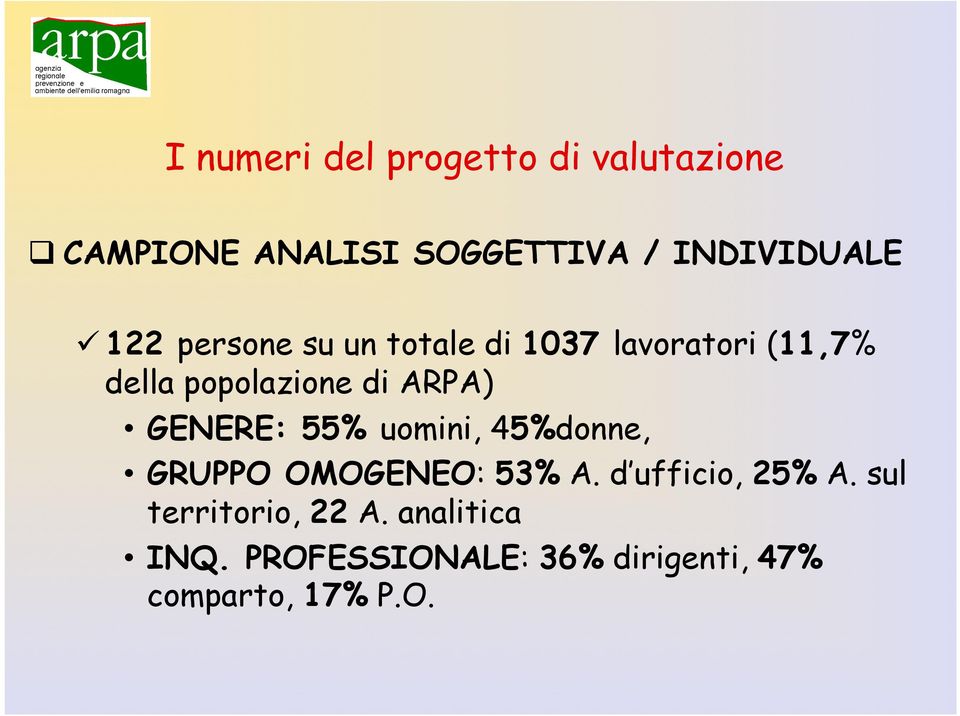 GENERE: 55% uomini, 45%donne, GRUPPO OMOGENEO: 53% A. d ufficio, 25% A.