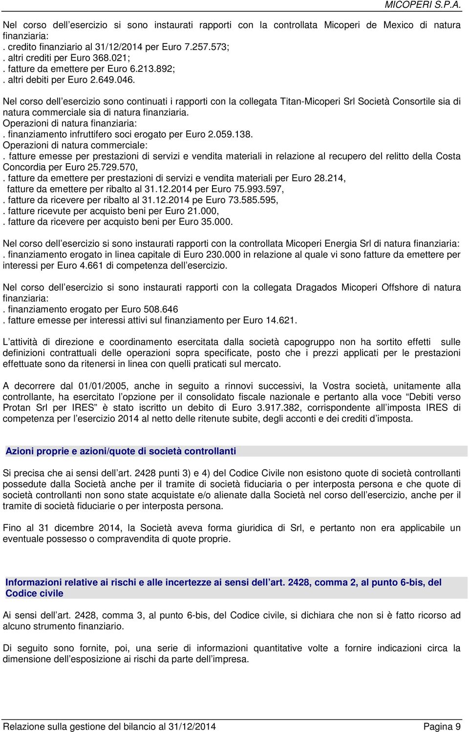 Nel corso dell esercizio sono continuati i rapporti con la collegata Titan-Micoperi Srl Società Consortile sia di natura commerciale sia di natura finanziaria. Operazioni di natura finanziaria:.