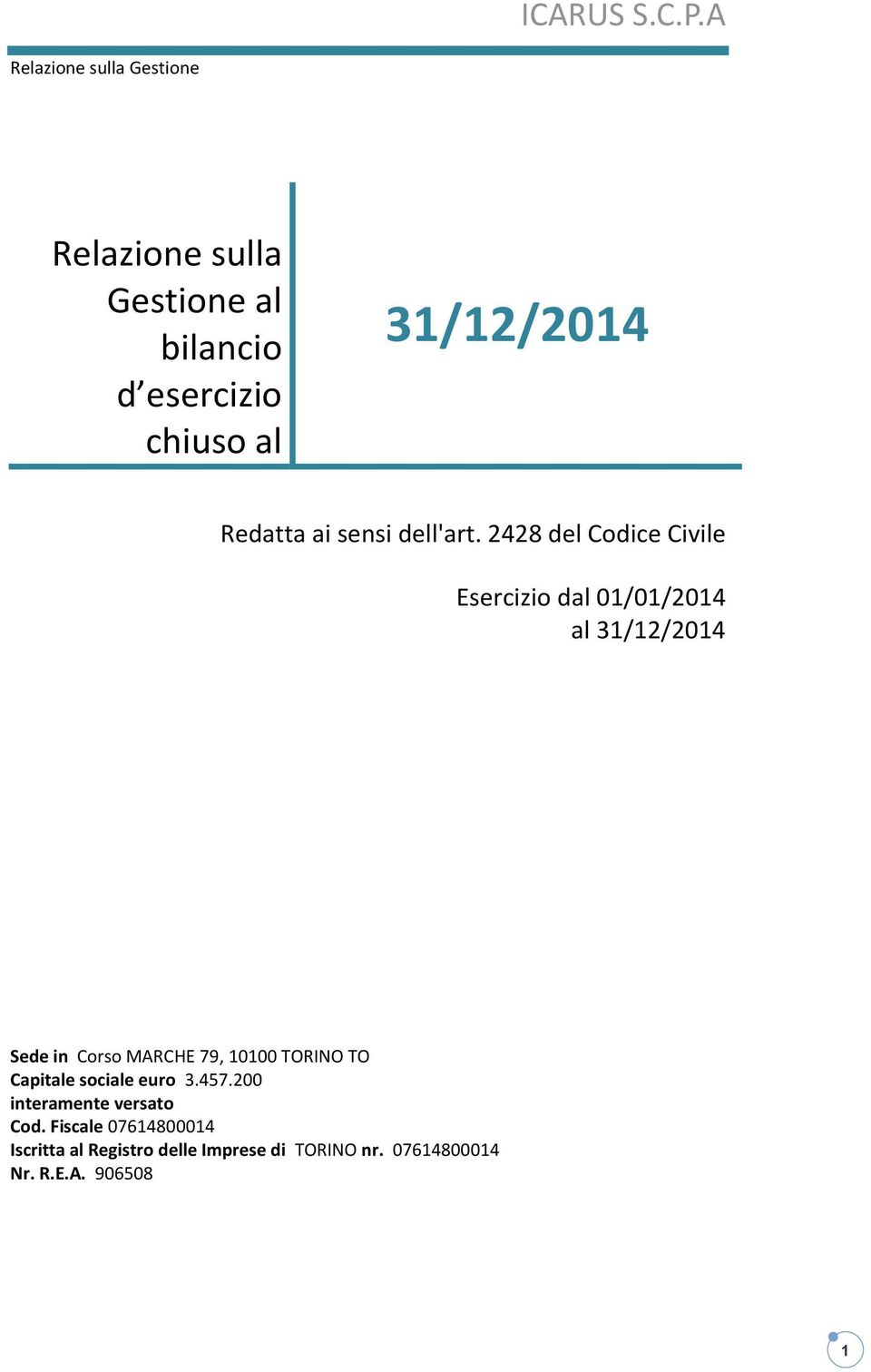 2428 del Codice Civile Esercizio dal 01/01/2014 al 31/12/2014 Sede in Corso MARCHE 79,