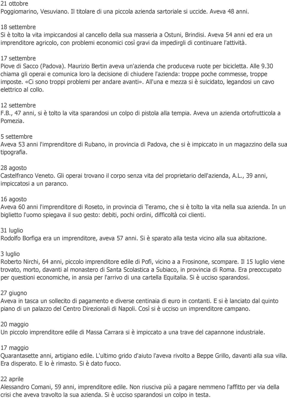 Aveva 54 anni ed era un imprenditore agricolo, con problemi economici così gravi da impedirgli di continuare l'attività. 17 settembre Piove di Sacco (Padova).