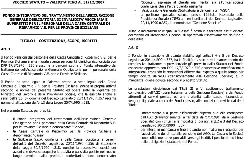 550 e assume la denominazione di Fondo integrativo del trattamento dell'assicurazione Generale Obbligatoria per il personale della Cassa Centrale di Risparmio V.E. per le Province Siciliane.