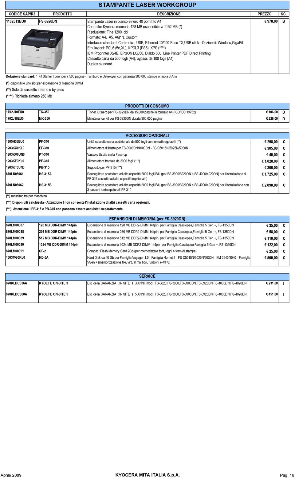 stick - Opzionali: Wireless,GigaBit Emulazioni: PCL6 (5e,XL), KPDL3 (PS3), XPS (****) IBM Proprinter X24E, EPSON LQ850, Diablo 630, Line Printer,PDF Direct Printing Cassetto carta da 500 fogli (A4),