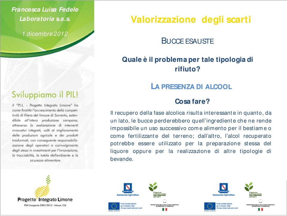 rende impossibile un uso successivo come alimento per il bestiame o come fertilizzante del terreno; dall altro, l alcol