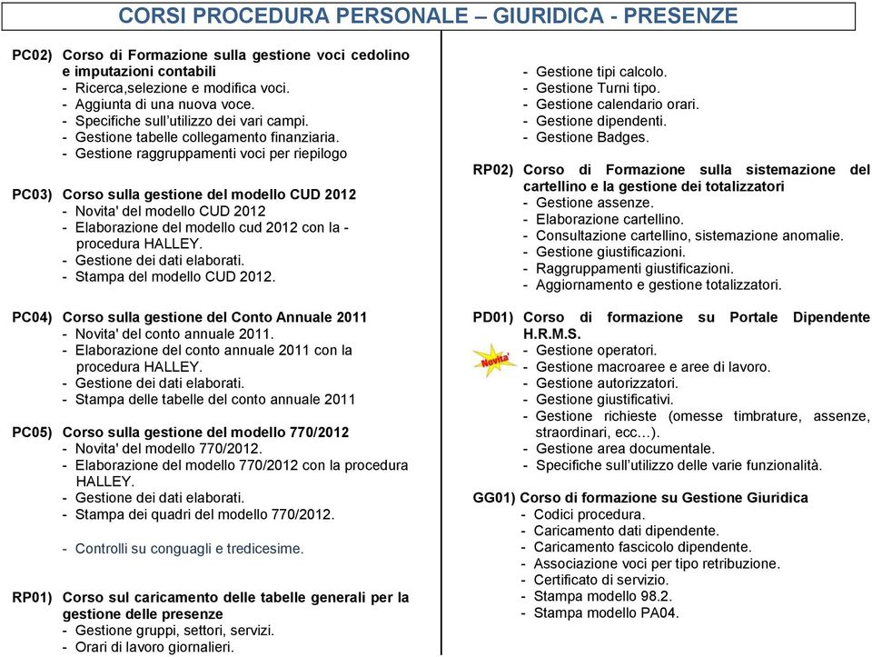 - Gestione raggruppamenti voci per riepilogo PC03) Corso sulla gestione del modello CUD 2012 - Novita' del modello CUD 2012 - Elaborazione del modello cud 2012 con la - procedura HALLEY.