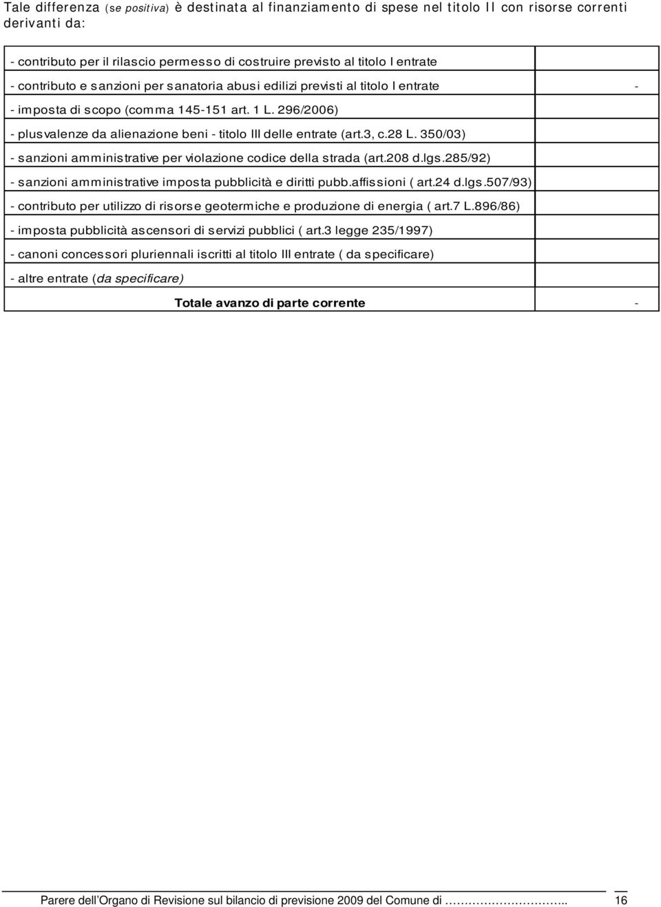 296/2006) - plusvalenze da alienazione beni - titolo III delle entrate (art.3, c.28 L. 350/03) - sanzioni amministrative per violazione codice della strada (art.208 d.lgs.