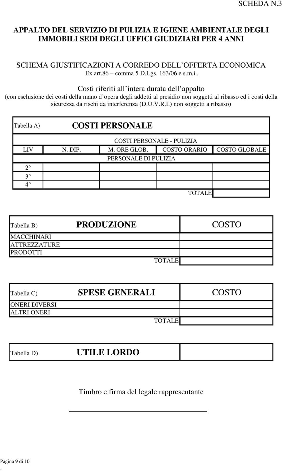 interferenza (DUVRI) non soggetti a ribasso) Tabella A) COSTI PERSONALE COSTI PERSONALE - PULIZIA LIV N DIP M ORE GLOB COSTO ORARIO COSTO GLOBALE PERSONALE DI PULIZIA 2 3 4 TOTALE Tabella B)