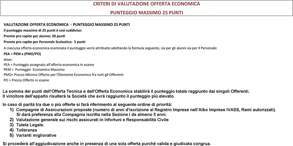 Personale: PEA = PEM x (PMO/PO) dove: PEA = Punteggio assegnato all'offerta economica in esame PEM = Punteggio Economico Massimo PMO= Prezzo Minimo Offerto per l'elemento Economico fra tutti gli