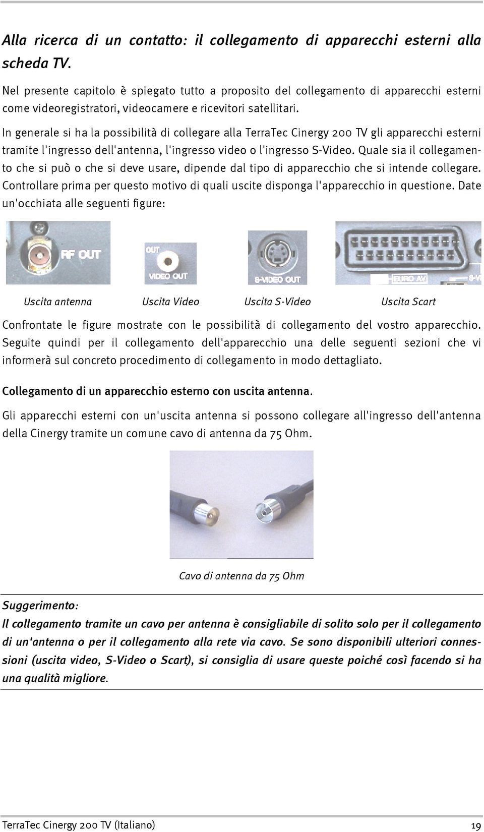 In generale si ha la possibilità di collegare alla TerraTec Cinergy 200 TV gli apparecchi esterni tramite l'ingresso dell'antenna, l'ingresso video o l'ingresso S-Video.