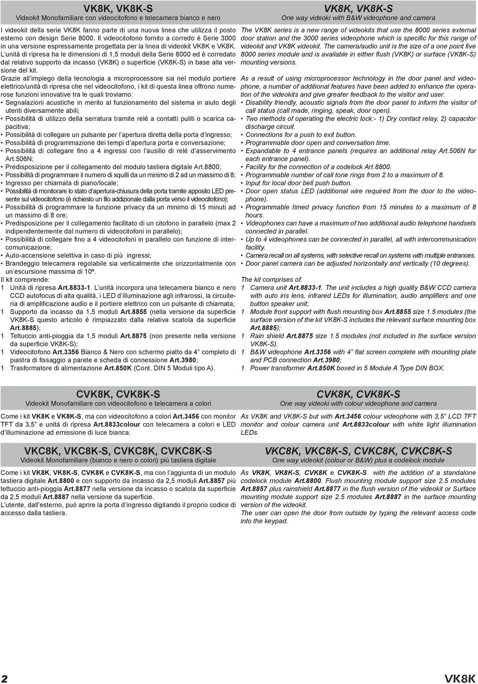 L unità di ripresa ha le dimensioni di,5 moduli della Serie 8000 ed è corredato dal relativo supporto da incasso () o superficie (S) in base alla versione del kit.