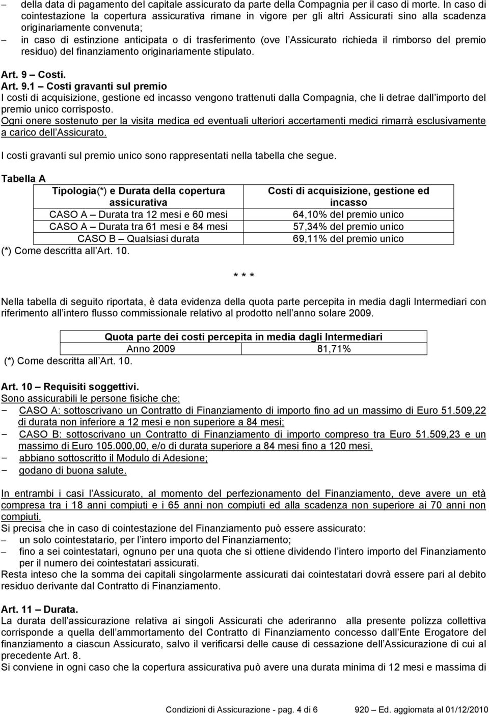 Assicurato richieda il rimborso del premio residuo) del finanziamento originariamente stipulato. Art. 9 