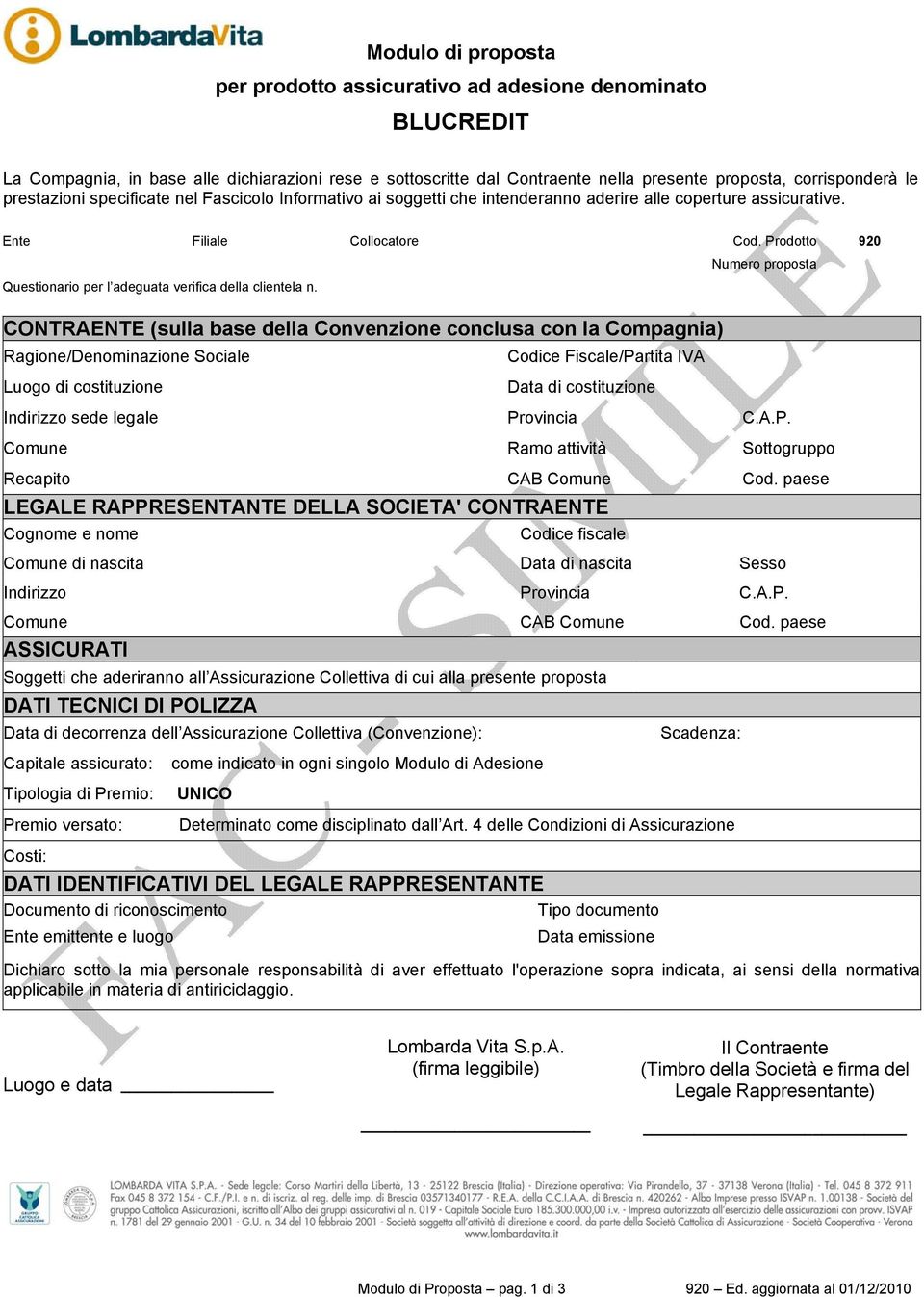 Prodotto 920 Numero proposta Questionario per l adeguata verifica della clientela n.