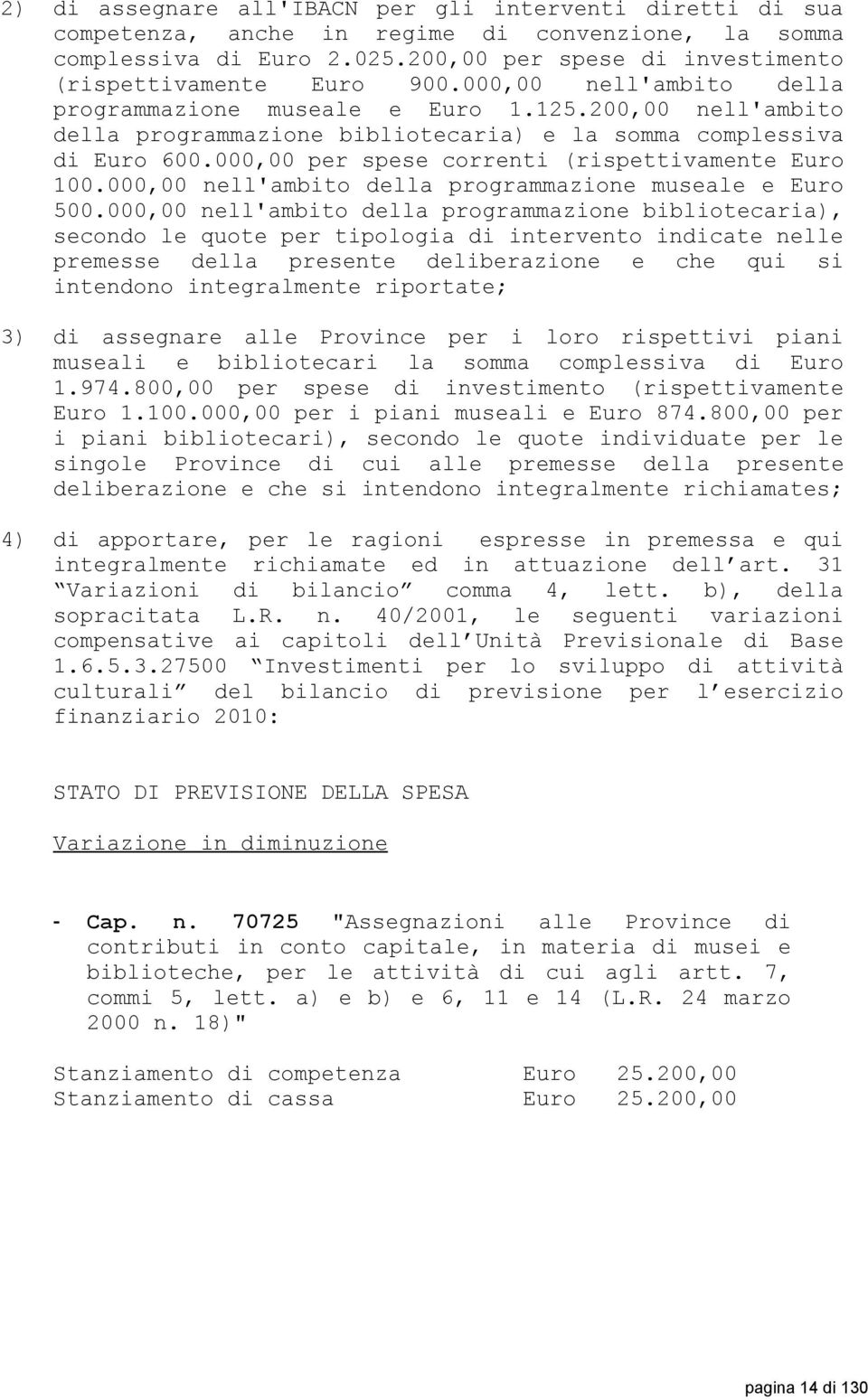 000,00 per spese correnti (rispettivamente Euro 100.000,00 nell'ambito della programmazione museale e Euro 500.