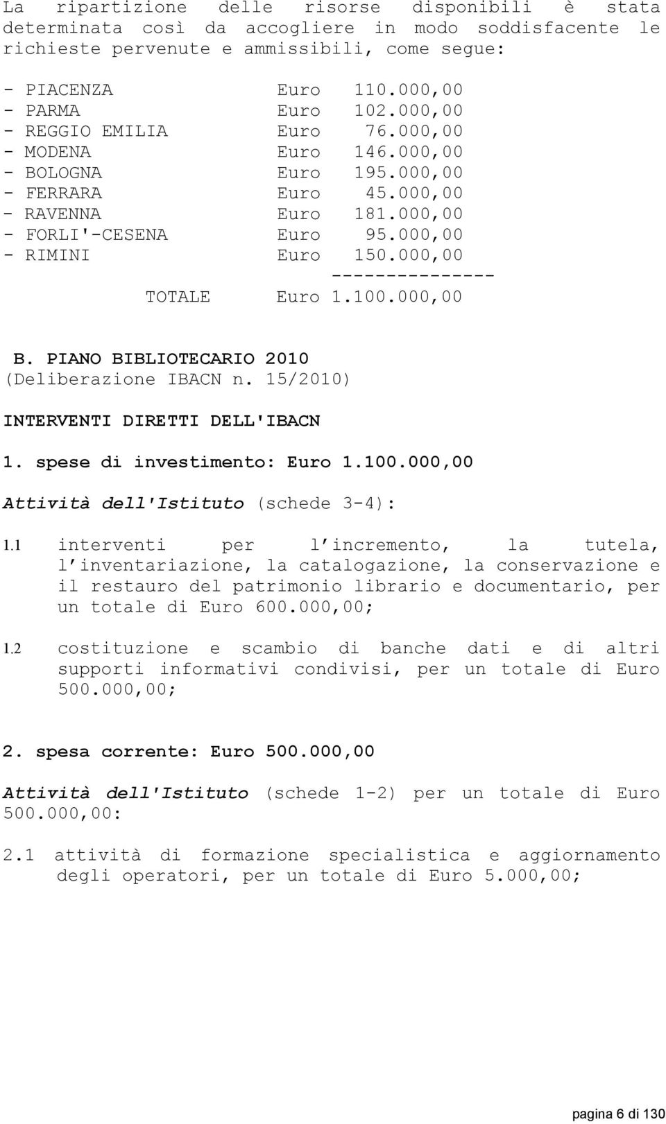 000,00 --------------- TOTALE Euro 1.100.000,00 B. PIANO BIBLIOTECARIO 2010 (Deliberazione IBACN n. 15/2010) INTERVENTI DIRETTI DELL'IBACN 1. spese di investimento: Euro 1.100.000,00 Attività dell'istituto (schede 3-4): 1.