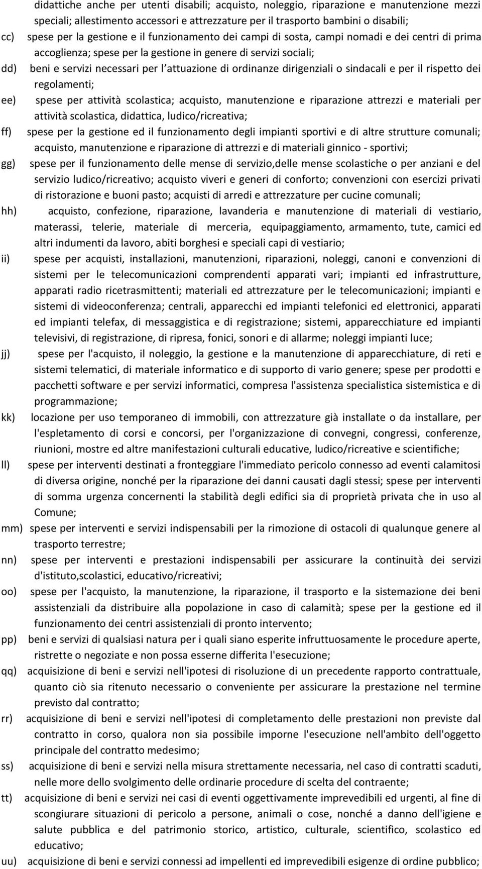 ordinanze dirigenziali o sindacali e per il rispetto dei regolamenti; ee) spese per attività scolastica; acquisto, manutenzione e riparazione attrezzi e materiali per attività scolastica, didattica,