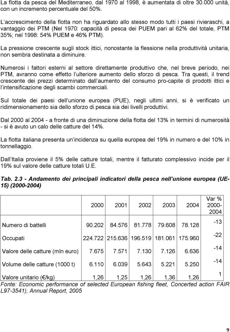 PUEM e 46% PTM). La pressione crescente sugli stock ittici, nonostante la flessione nella produttività unitaria, non sembra destinata a diminuire.