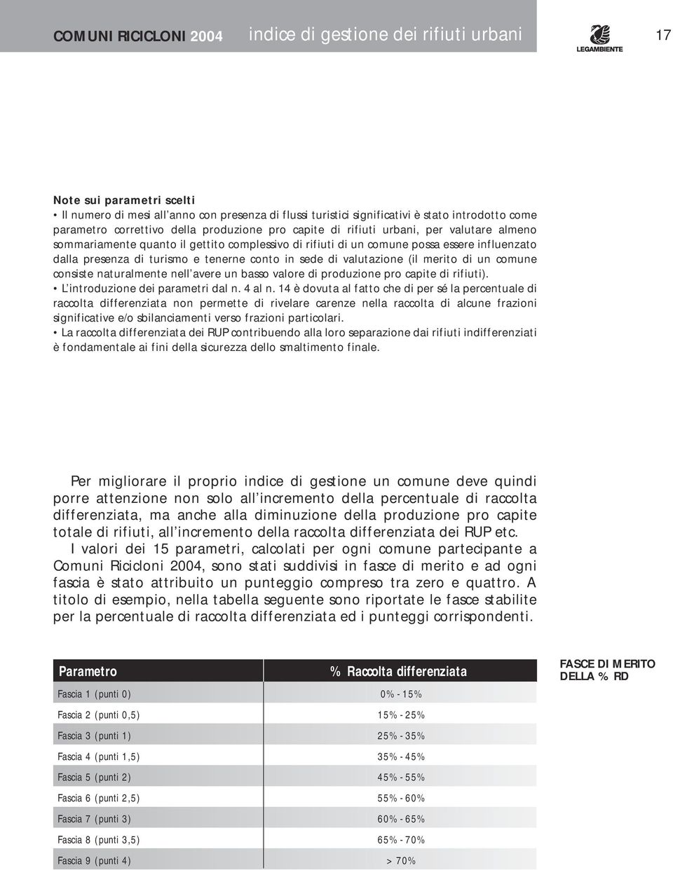 tenerne conto in sede di valutazione (il merito di un comune consiste naturalmente nell avere un basso valore di produzione pro capite di rifiuti). L introduzione dei parametri dal n. 4 al n.