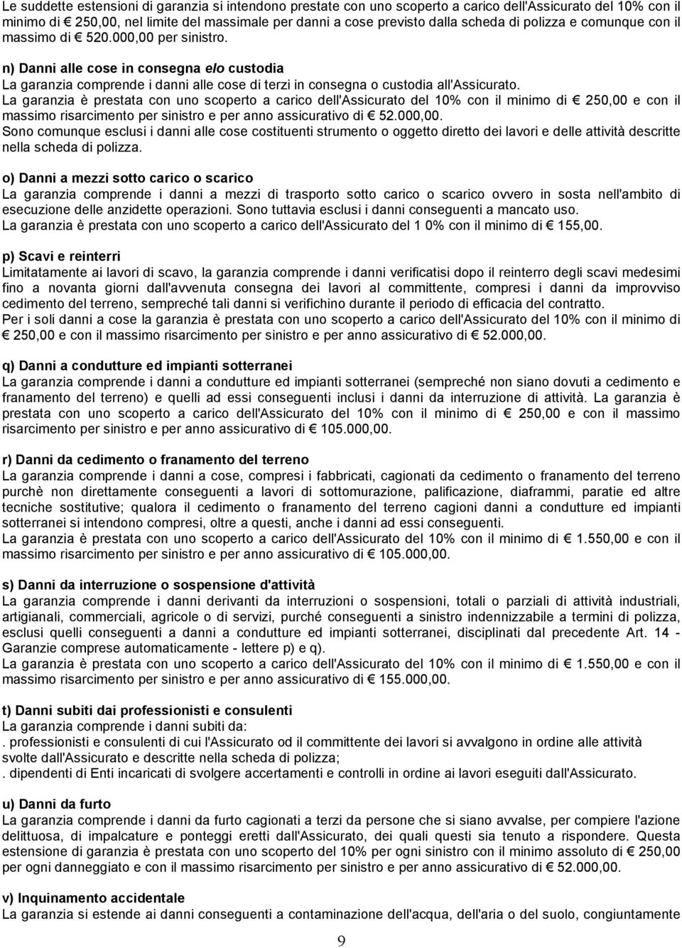 La garanzia è prestata con uno scoperto a carico dell'assicurato del 10% con il minimo di 250,00 e con il massimo risarcimento per sinistro e per anno assicurativo di 52.000,00.