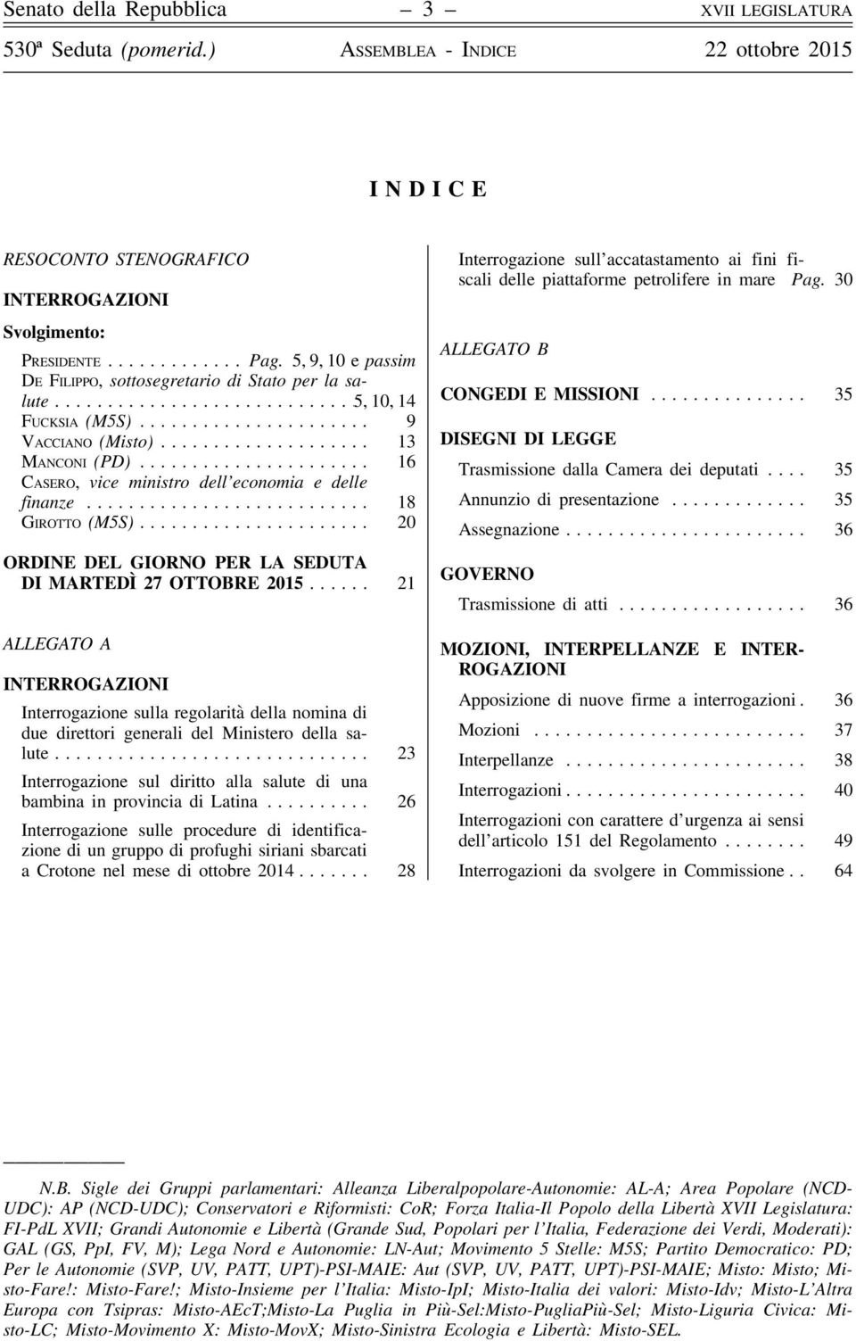 .. 20 ORDINE DEL GIORNO PER LA SEDUTA DI MARTEDÌ 27 OTTOBRE 2015... 21 ALLEGATO A INTERROGAZIONI Interrogazione sulla regolarità della nomina di due direttori generali del Ministero della salute.