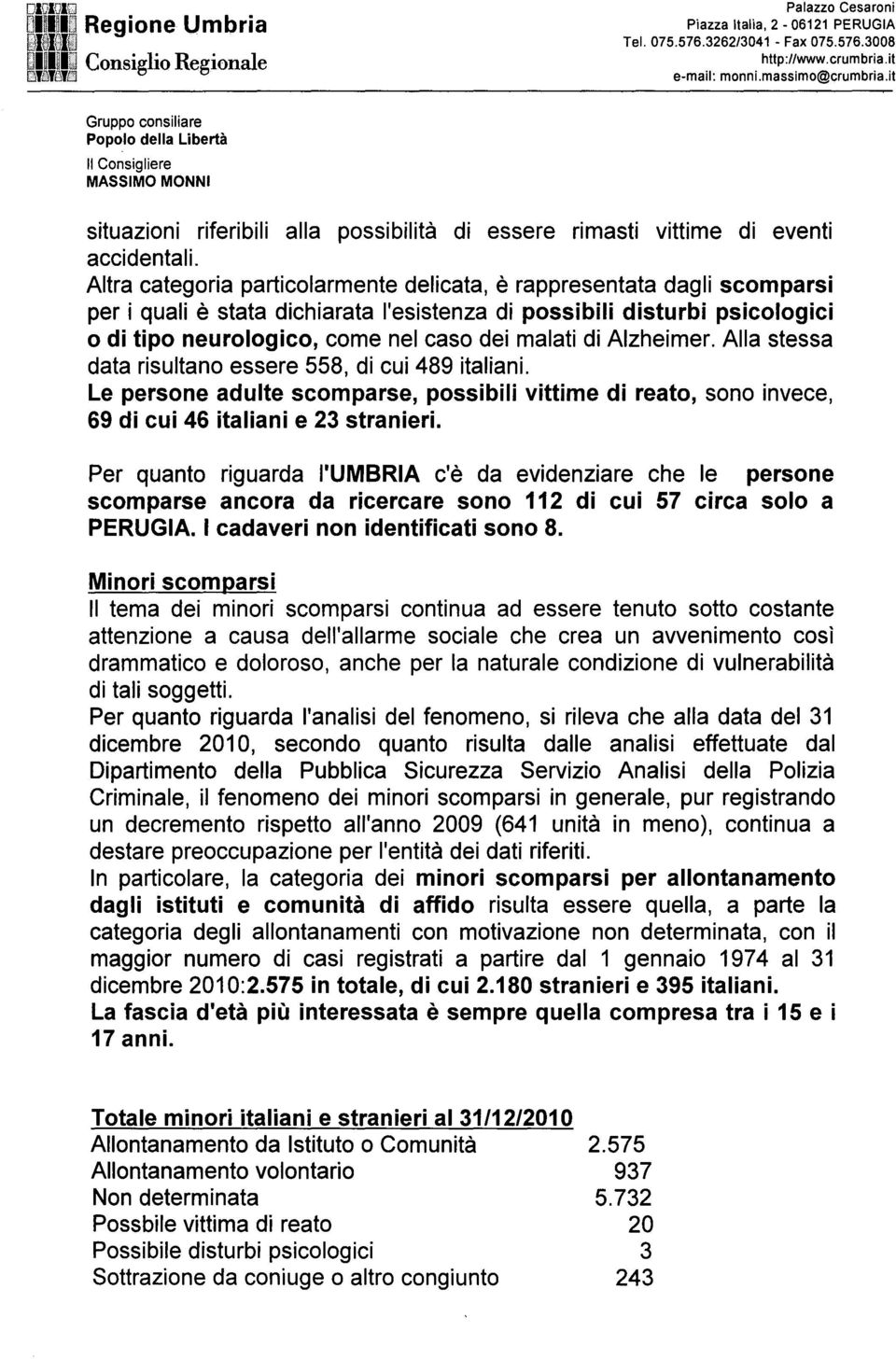 di Alzheimer. Alla stessa data risultano essere 558, di cui 489 italiani. Le persone adulte scomparse, possibili vittime di reato, sono invece, 69 di cui 46 italiani e 23 stranieri.