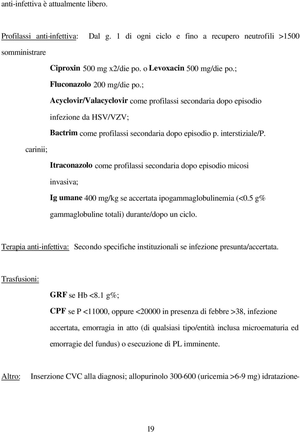 carinii; Itraconazolo come profilassi secondaria dopo episodio micosi invasiva; Ig umane 400 mg/kg se accertata ipogammaglobulinemia (<0.5 g% gammaglobuline totali) durante/dopo un ciclo.