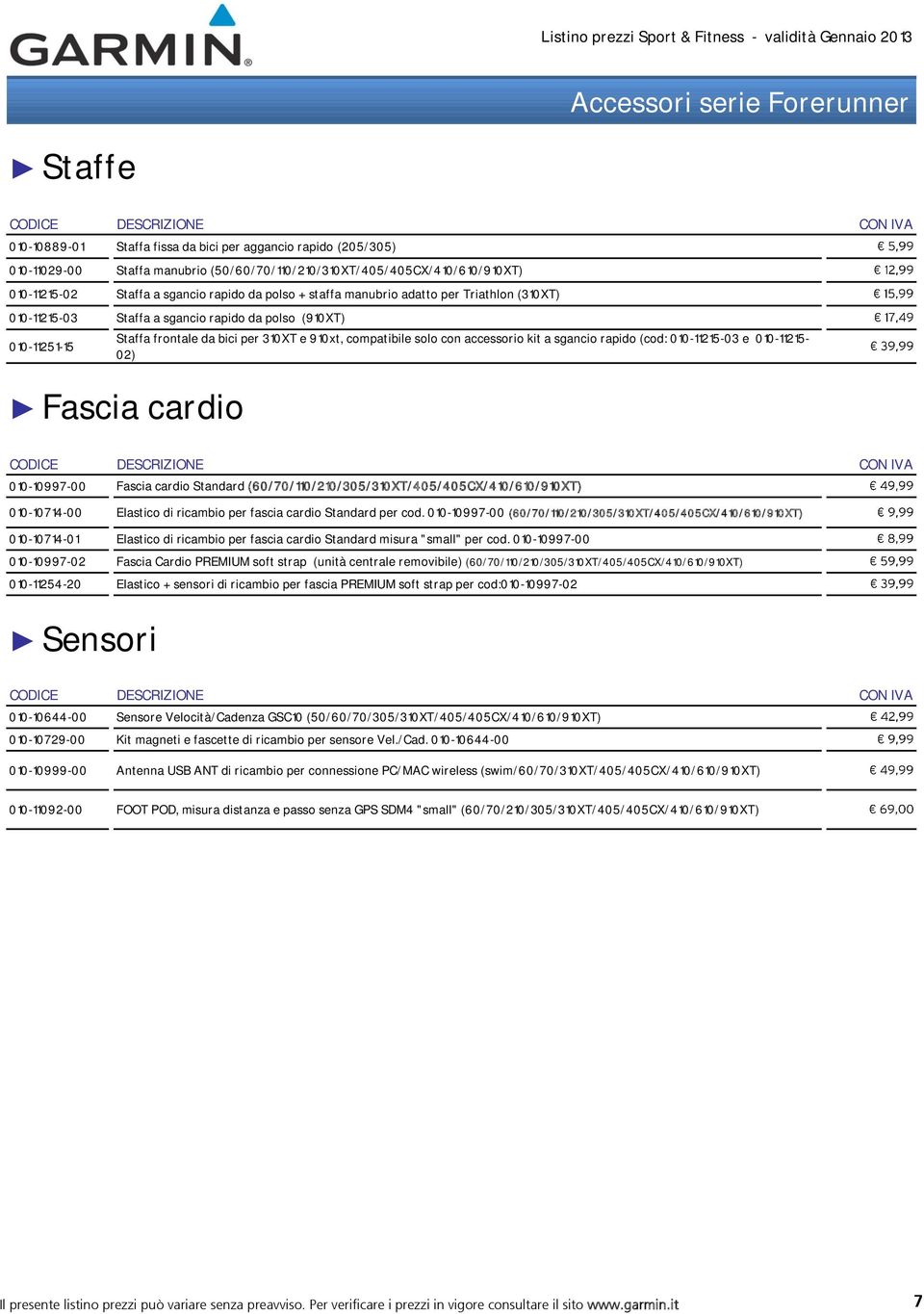 con accessorio kit a sgancio rapido (cod: 010-11215-03 e 010-11215- 02) Fascia cardio 010-10997-00 Fascia cardio Standard (60/70/110/210/305/310XT/405/405CX/410/610/910XT) 010-10714-00 Elastico di