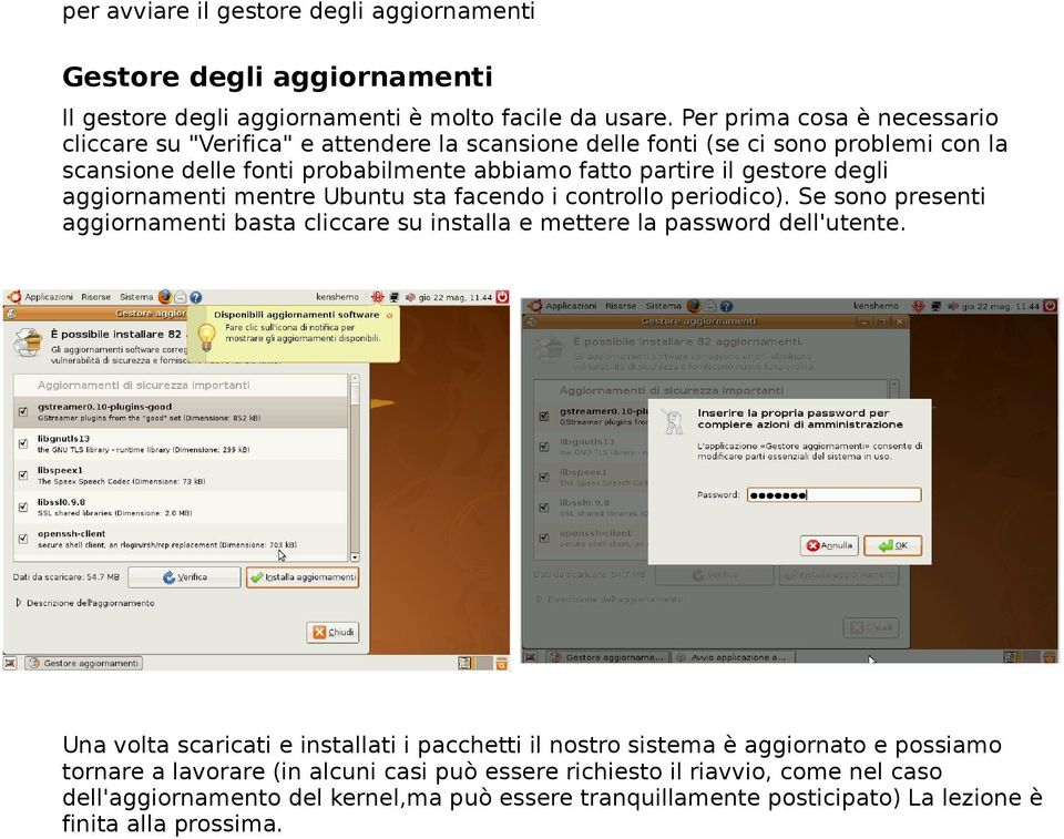 degli aggiornamenti mentre Ubuntu sta facendo i controllo periodico). Se sono presenti aggiornamenti basta cliccare su installa e mettere la password dell'utente.