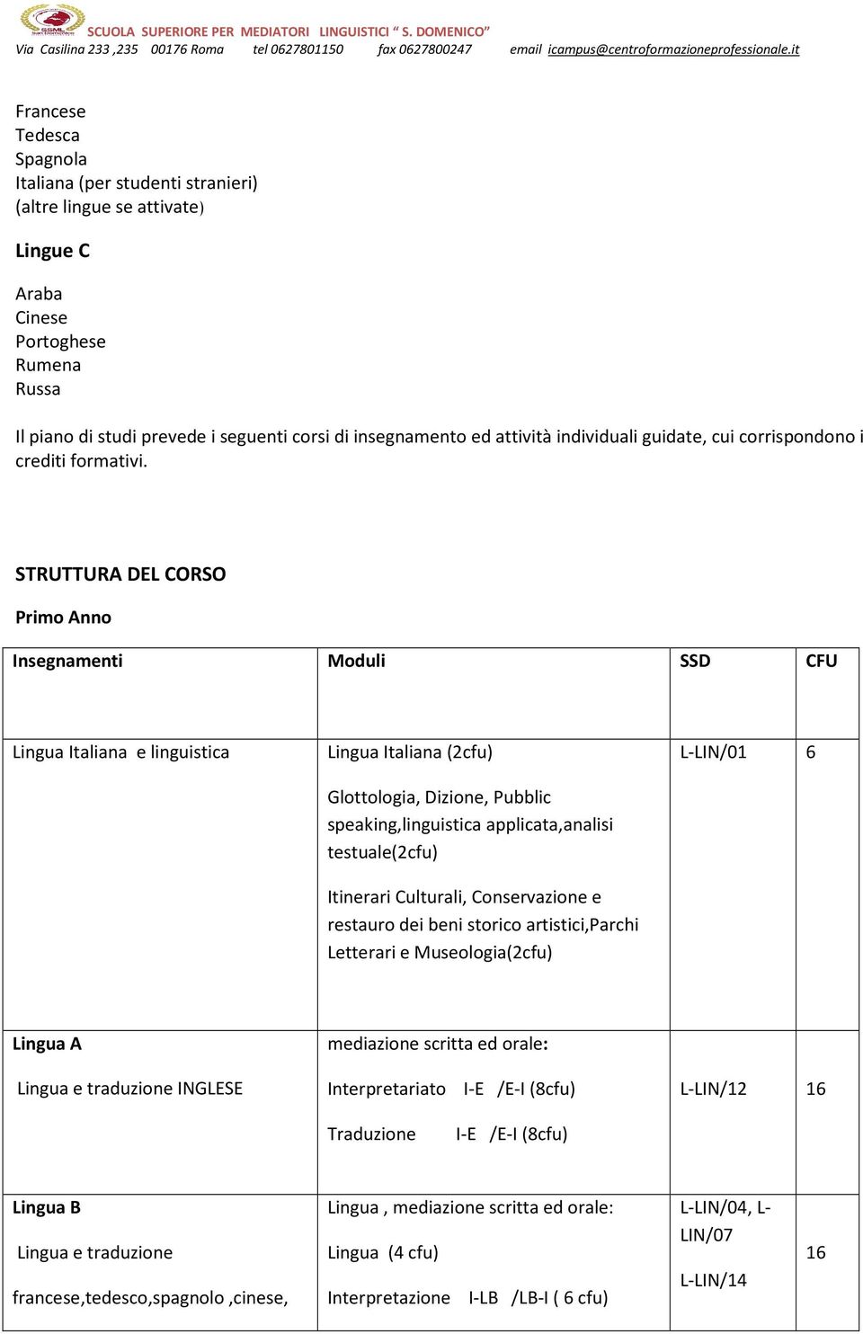 STRUTTURA DEL CORSO Primo Anno Insegnamenti Moduli SSD CFU Lingua Italiana e linguistica Lingua Italiana (2cfu) Glottologia, Dizione, Pubblic speaking,linguistica applicata,analisi testuale(2cfu)