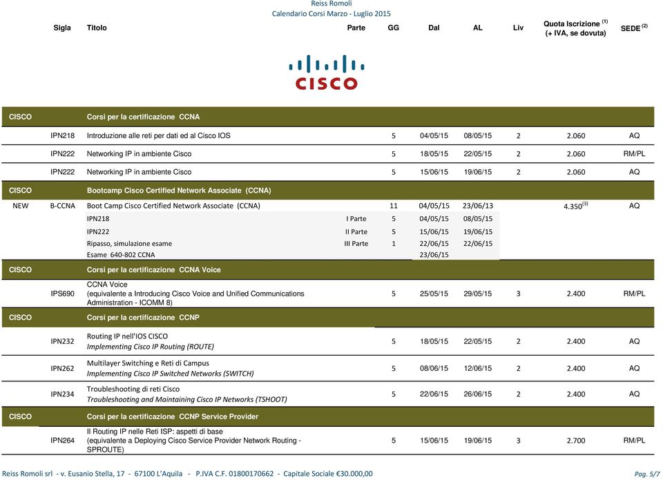 060 AQ CISCO Bootcamp Cisco Certified Network Associate (CCNA) NEW B-CCNA Boot Camp Cisco Certified Network Associate (CCNA) 11 04/05/15 23/06/13 4.