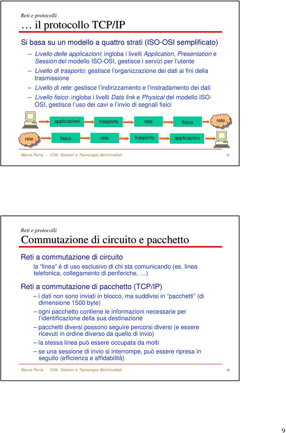 Livello fisico: ingloba i livelli Data link e Physical del modello ISO- OSI, gestisce l uso dei cavi e l invio di segnali fisici applicazioni trasporto rete fisico rete rete fisico rete trasporto