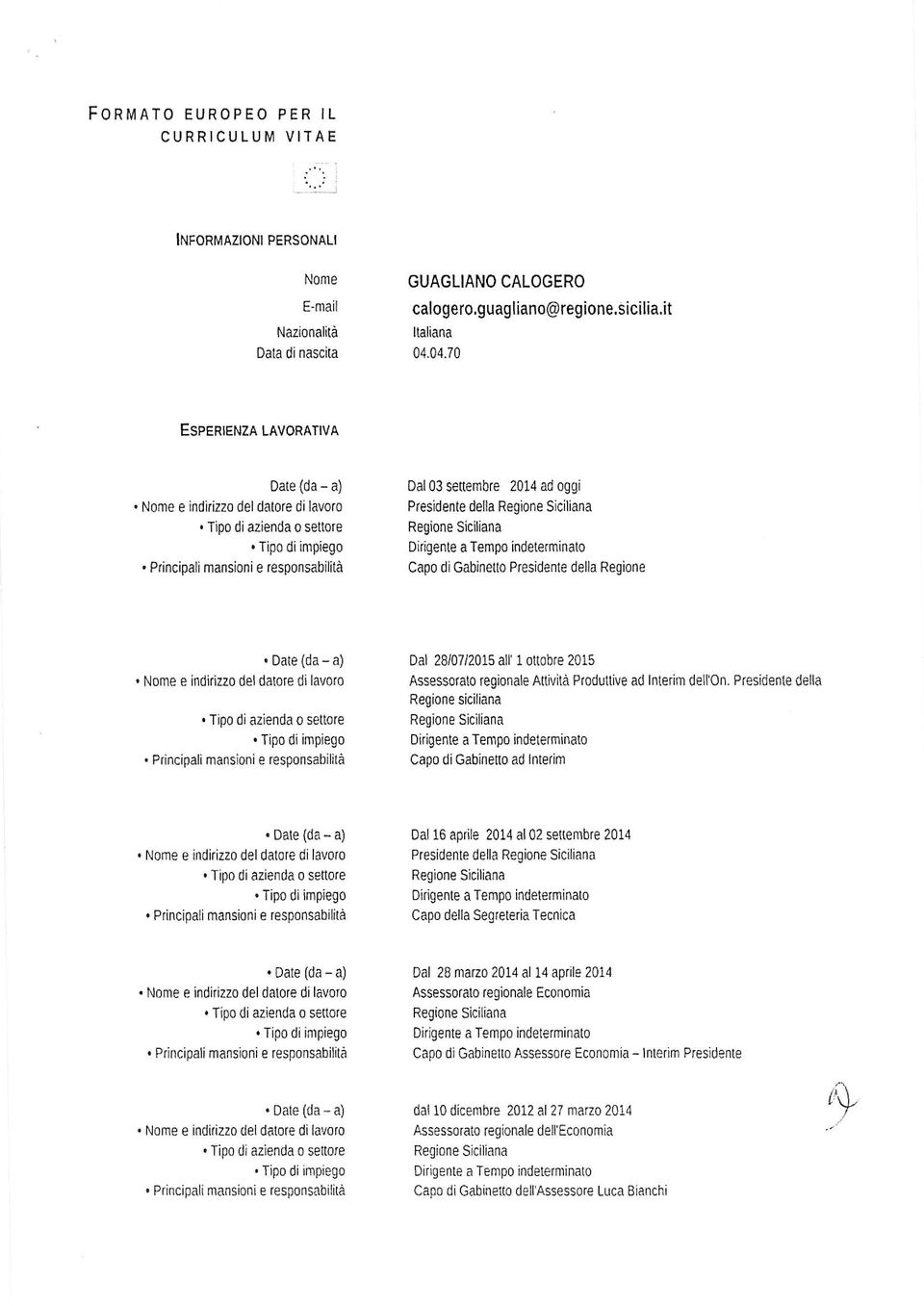 responsabllita Dal 28/07/2015 all' 1 ottobre 2015 Assessorato regionaleattivita Produnive ad Interim dell'on.