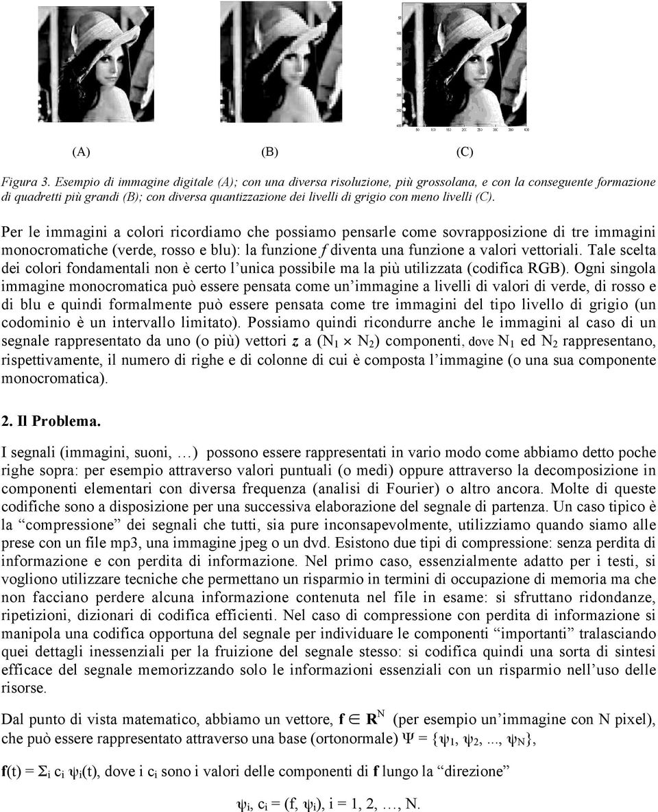 livelli (C). Per le immagini a colori ricordiamo che possiamo pensarle come sovrapposizione di tre immagini monocromatiche (verde, rosso e blu): la funzione f diventa una funzione a valori vettoriali.