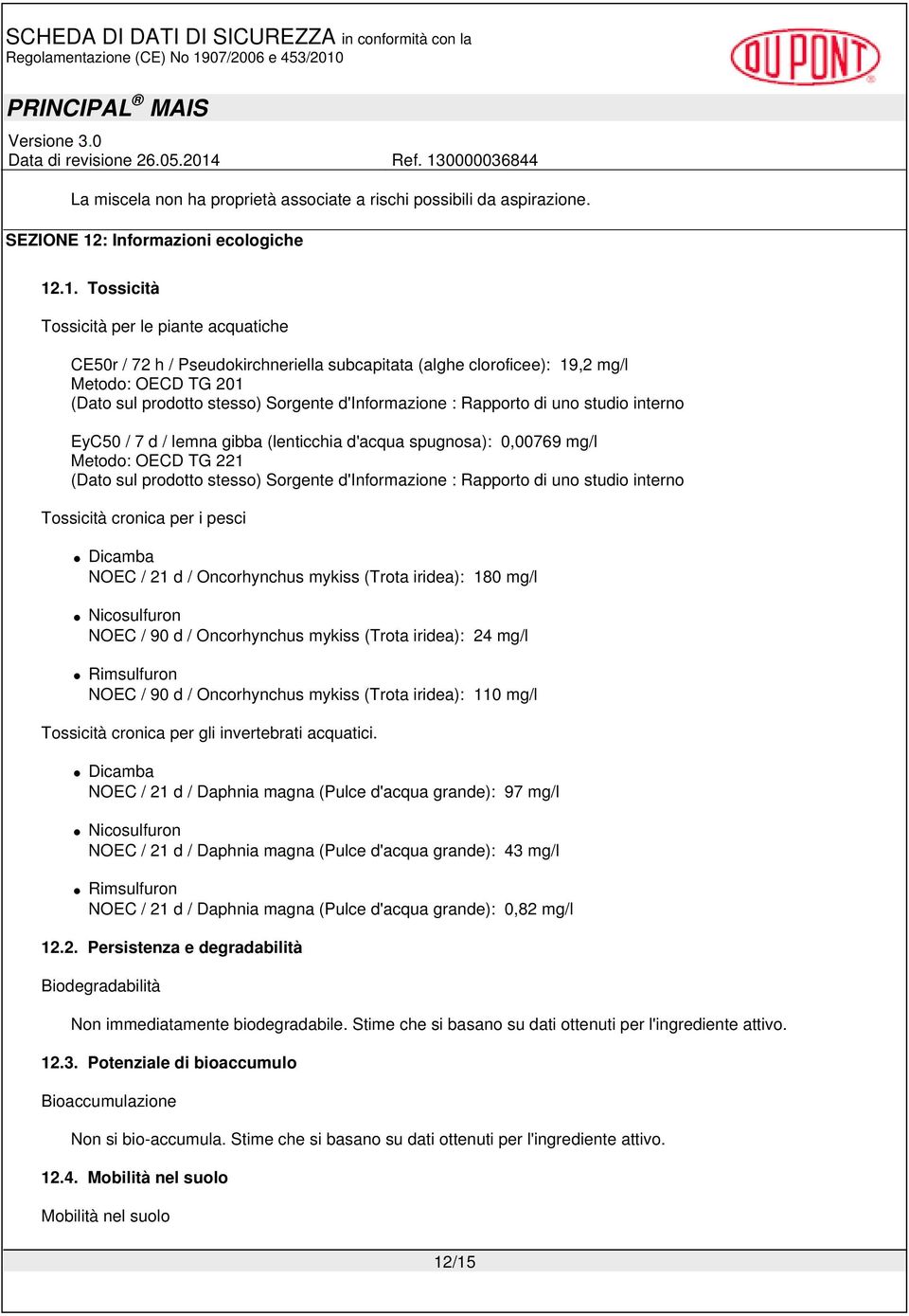 .1. Tossicità Tossicità per le piante acquatiche CE50r / 72 h / Pseudokirchneriella subcapitata (alghe cloroficee): 19,2 mg/l Metodo: OECD TG 201 EyC50 / 7 d / lemna gibba (lenticchia d'acqua