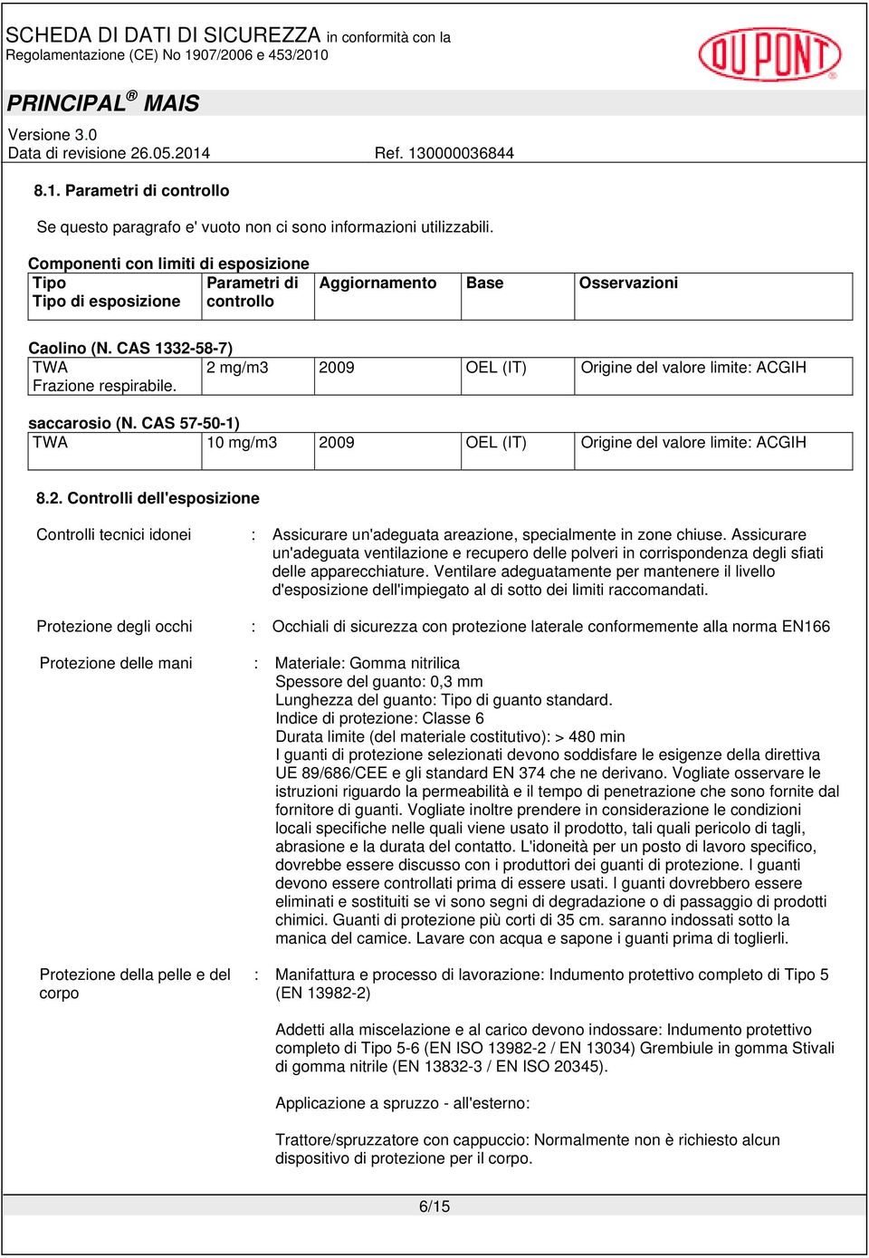 2 mg/m3 2009 OEL (IT) Origine del valore limite: ACGIH saccarosio (N. CAS 57-50-1) TWA 10 mg/m3 2009 OEL (IT) Origine del valore limite: ACGIH 8.2. Controlli dell'esposizione Controlli tecnici idonei : Assicurare un'adeguata areazione, specialmente in zone chiuse.