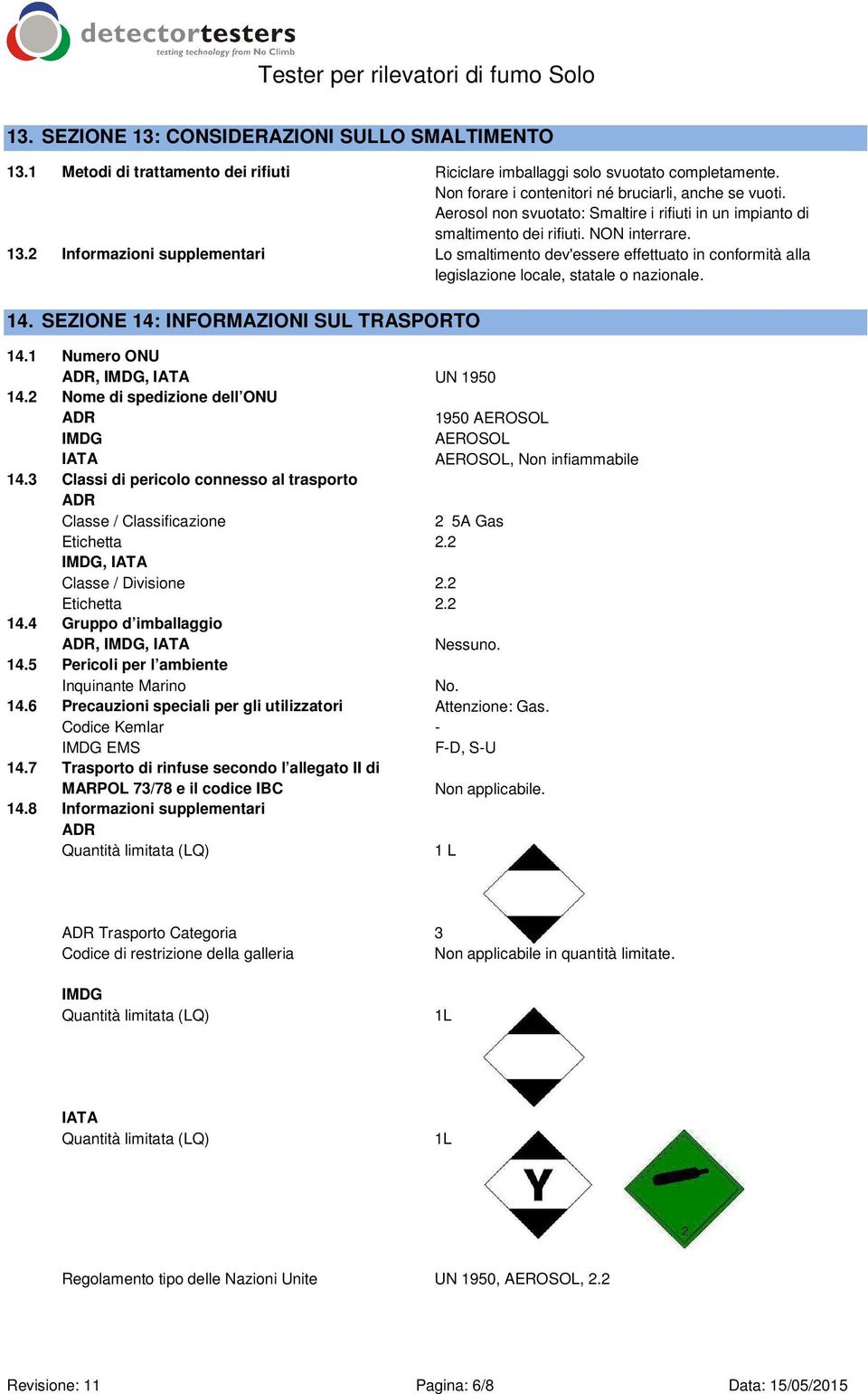 2 Informazioni supplementari Lo smaltimento dev'essere effettuato in conformità alla legislazione locale, statale o nazionale. 14. SEZIONE 14: INFORMAZIONI SUL TRASPORTO 14.